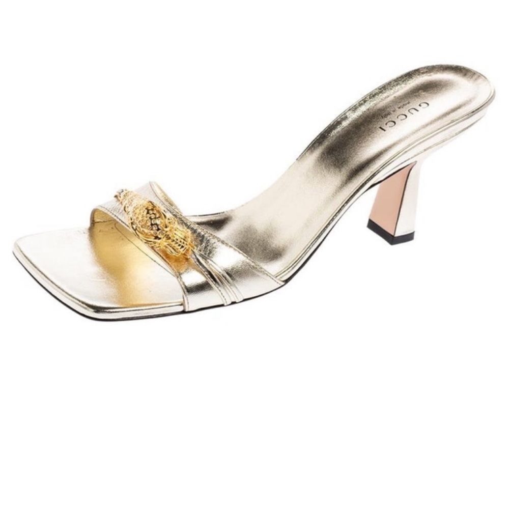 Gucci Metallic Gold Slide Heels with Embellished Accent